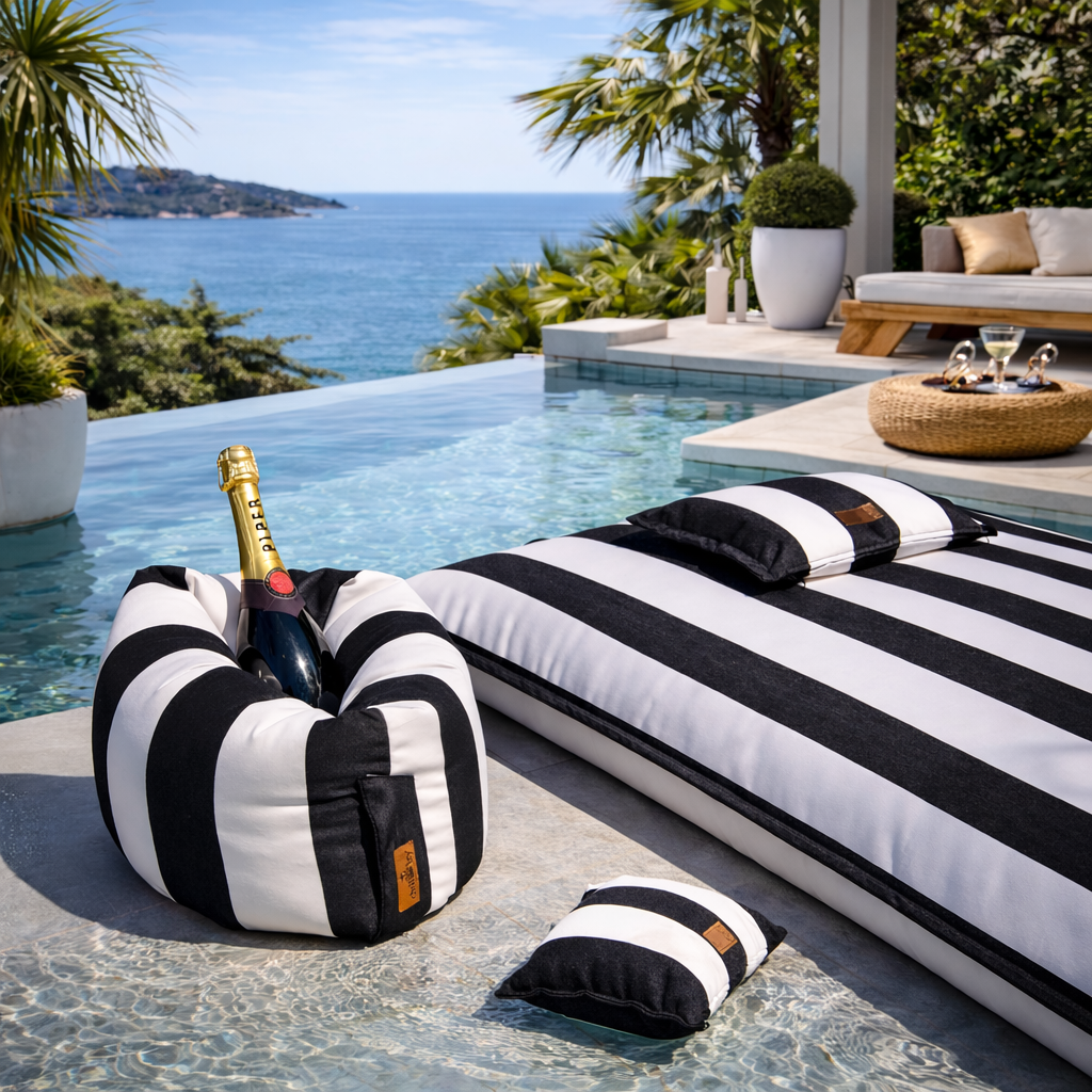 Schwarz weiß gestreifter Pool Sitzsack Lungo von chillisy am Pool liegend mit Piccolino Schwimmkissen und dem schwimmenden Flaschenkühler Champagne Belt.