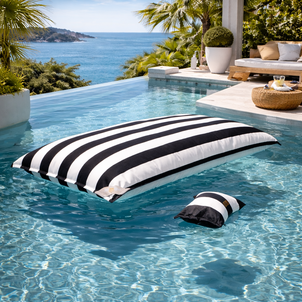 Schwarz weiß gestreifter Pool Sitzsack Lungo von chillisy auf dem Wasser schwebend mit Piccolino Swimmkissen.