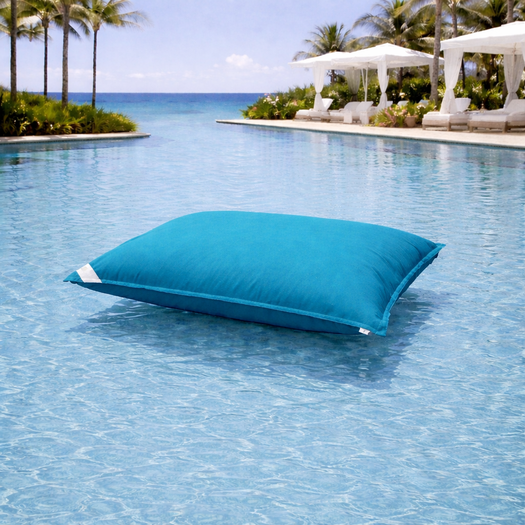 Wasserdichtes Poolkissen in der Farbe Petrol auf Pool mit Meerblick von chillisy 