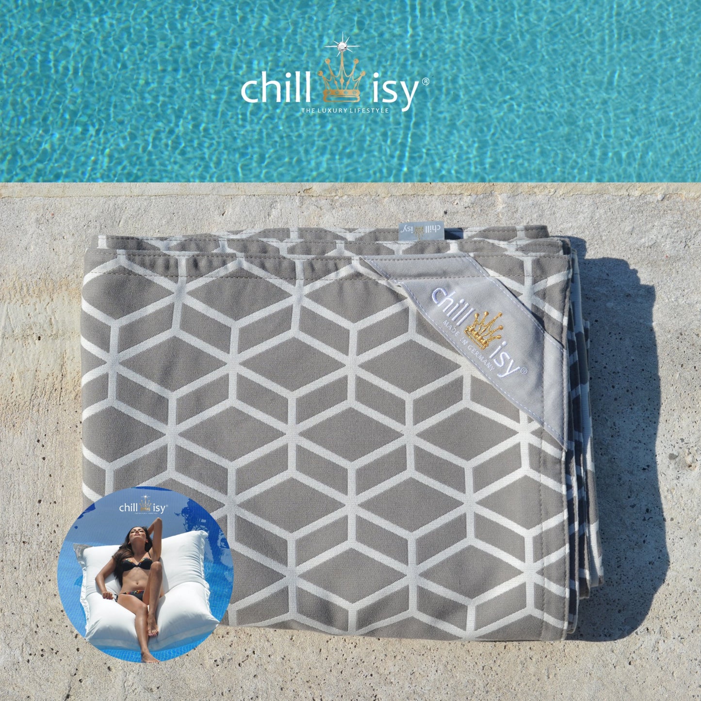 Poolkissenbezug für Premium Poolkissen Maxi 190x130 cm von chillisy in Crystal Grau Design zusammengelegt am Poolrand