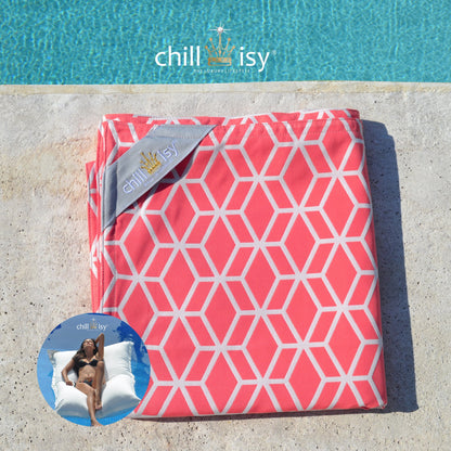 Poolkissenbezug für Premium Poolkissen Maxi 190x130 cm von chillisy in Crystal Koralle Design zusammengelegt am Poolrand