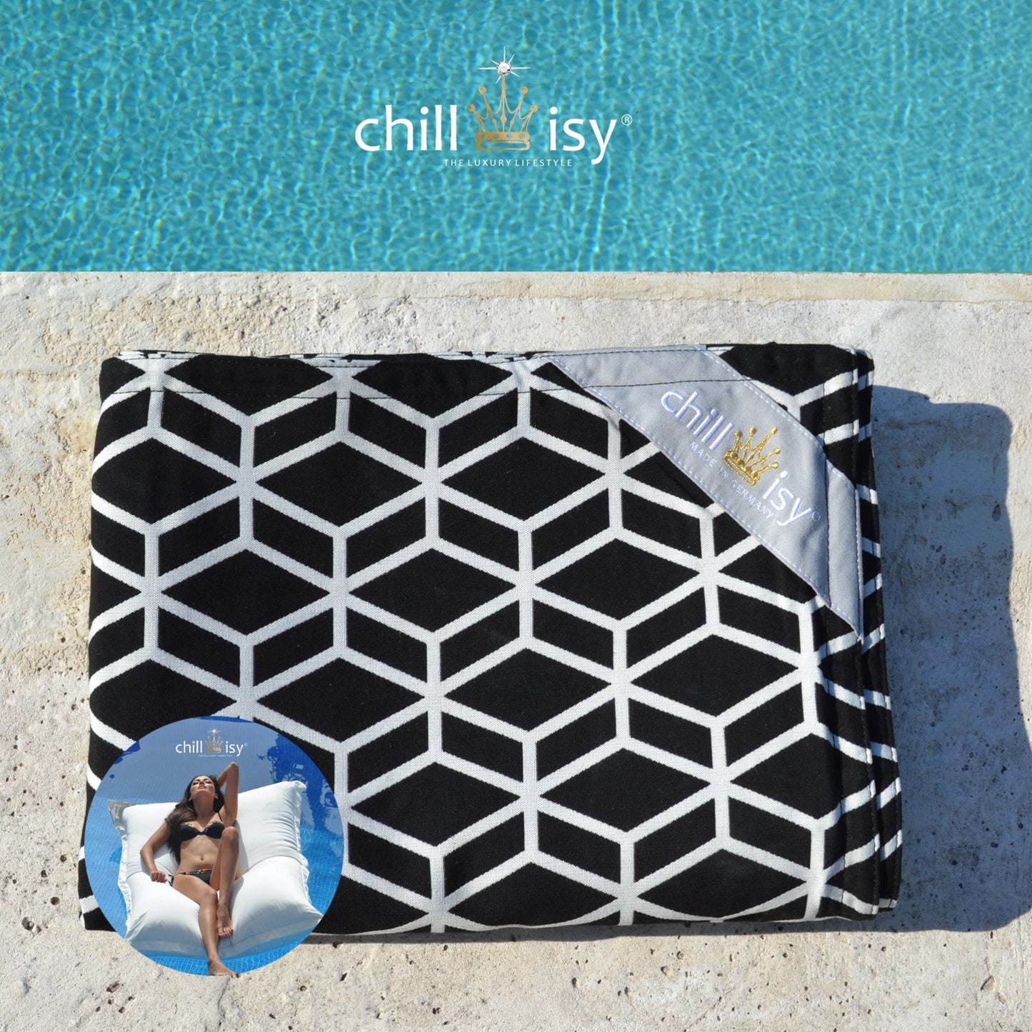 Poolkissenbezug für Premium Poolkissen Maxi 190x130 cm von chillisy in Crystal Schwarz Design zusammengelegt am Poolrand