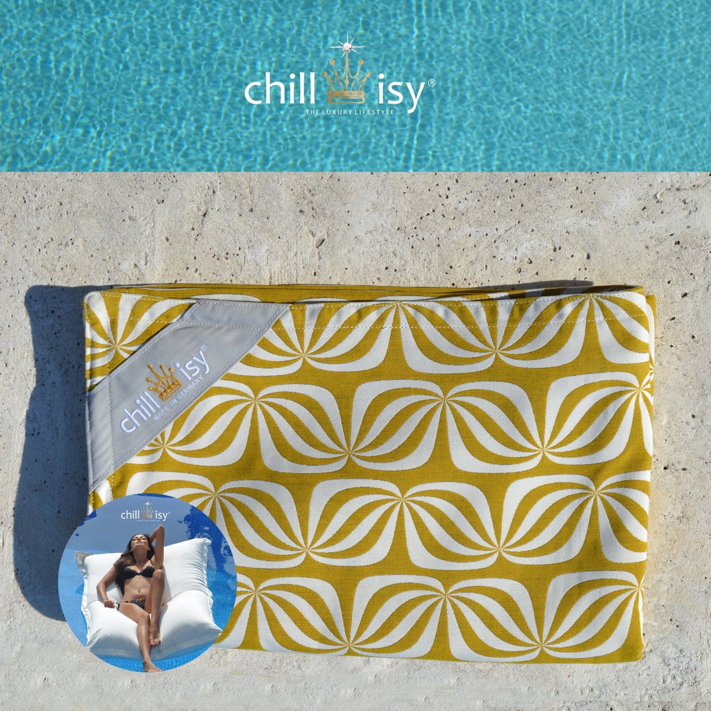 Poolkissenbezug für Premium Poolkissen Maxi 190x130 cm von chillisy im Goldfalter Gold Weiß Design zusammengelegt am Poolrand