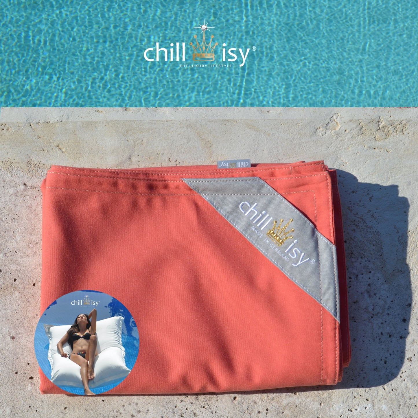 Poolkissenbezug für Premium Poolkissen Maxi 190x130 cm von chillisy in Pink Grapefruit zusammengelegt am Poolrand