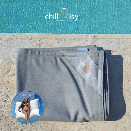 Poolkissenbezug für Premium Poolkissen Maxi 190x130 cm von chillisy in Steinoptik Grau meliert zusammengelegt am Poolrand