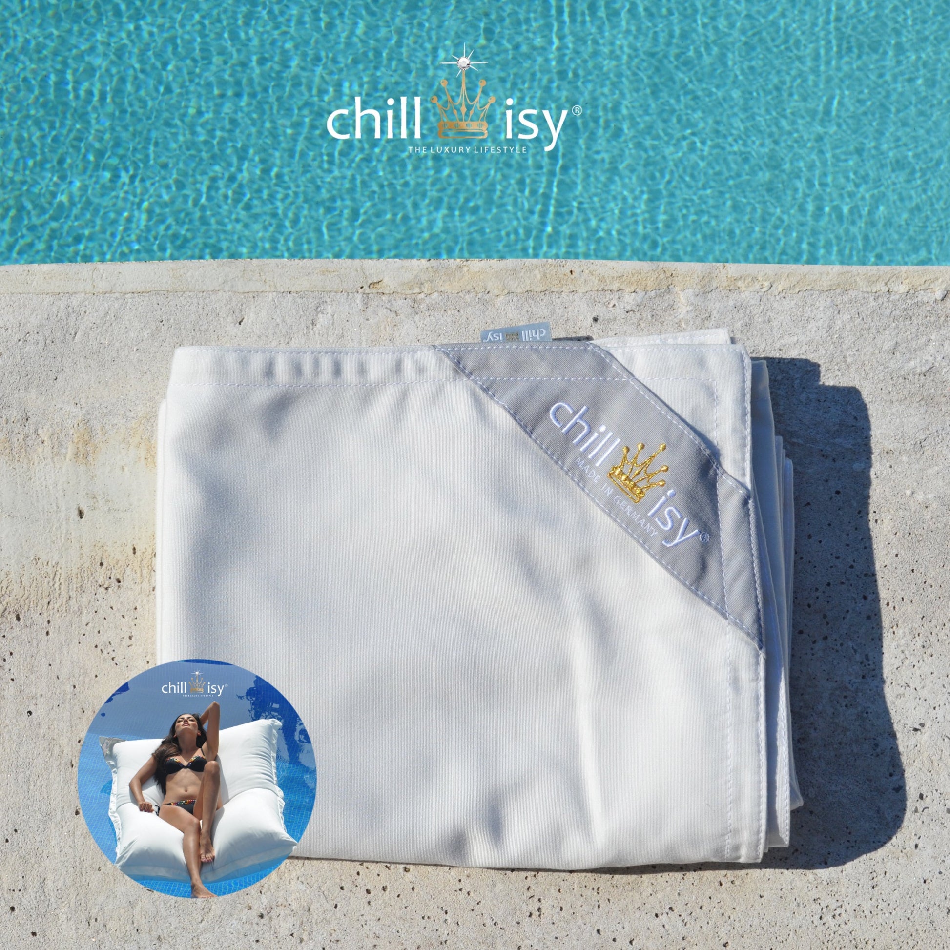 Poolkissenbezug für Premium Poolkissen Maxi 190x130 cm von chillisy in Weiß zusammengelegt am Poolrand