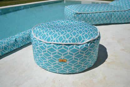 Pouf Hocker Crystal Gold, Farbe: Türkis, Verwendung: Indor, Outdoor; Marke: chillisy, hergestellt in Deutschland.