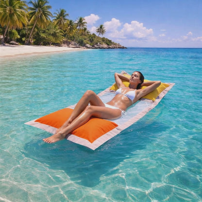 Wasserhängematte mit Netz in orange und gelb von chillisy im Meer treibend mit Frau im weißen Bikini darauf entspannend.