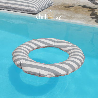 Schiwmmring Swimmy in Grau Weiß gestreift für Chlor- und Salzwasser geeignet. Hergestellt von chillisy in Deutschland.