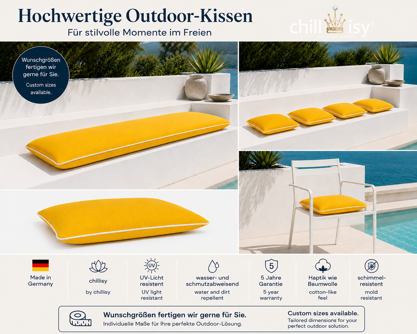Gelbe chillisy® Outdoor Sitzkissen Summertime mit weißem Keder auf moderner Terrassenbank am Pool auch Wunschgrößen fertigen wir für Sie – hochwertige Gartenkissen Made in Germany