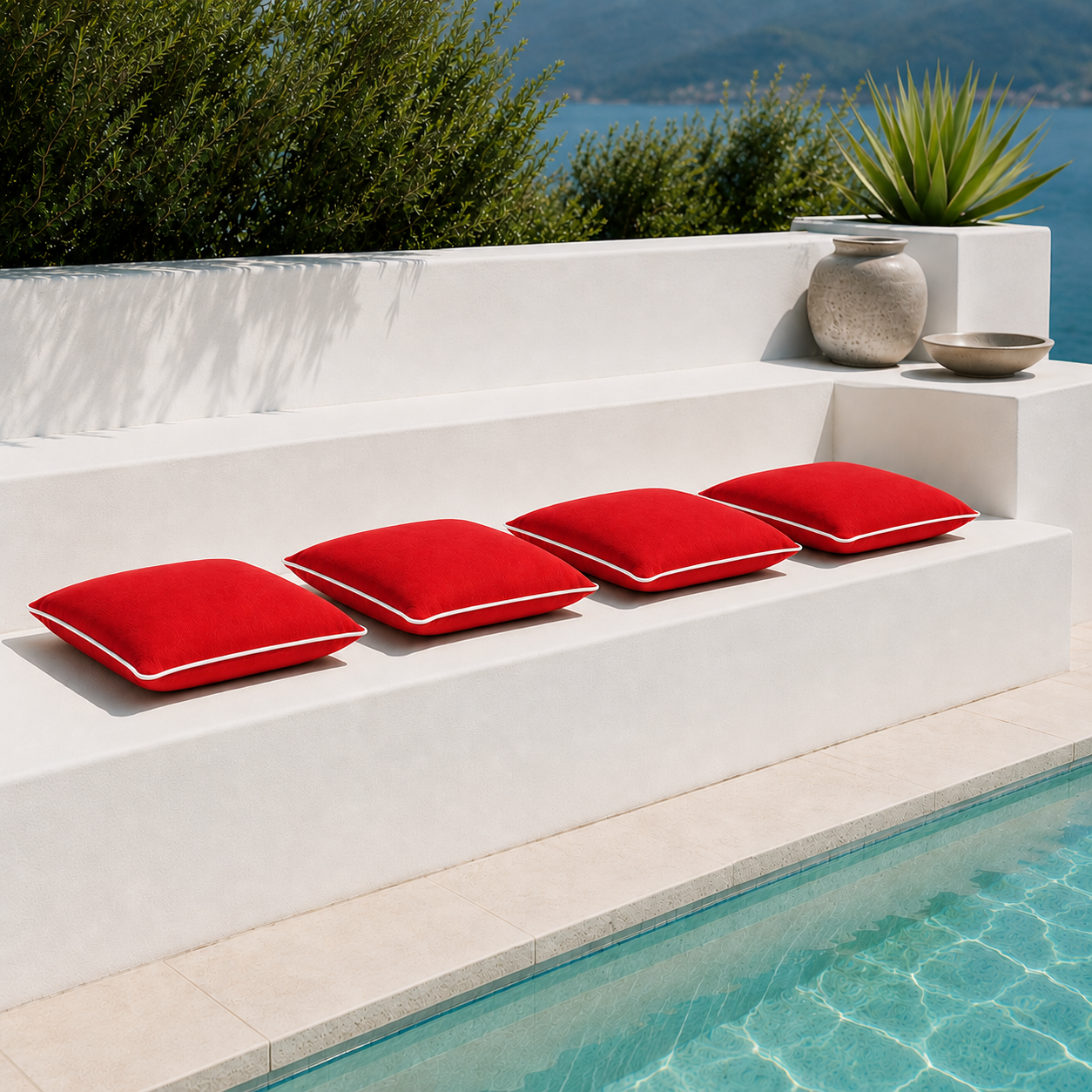 Vier Sitzkissen Summertime in Rot auf modernem weißen Gartenstuhl am Pool – hochwertiges Outdoor Sitzkissen von chillisy® Made in Germany für Terrasse, Balkon & Garten