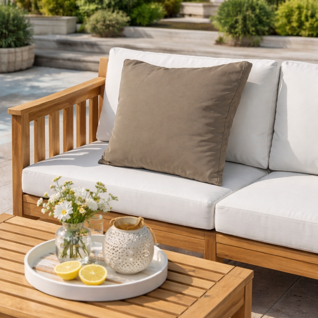 Stegkissen Gartenkissen mit Steg in Taupe auf Teakholz Gartenbank am Pool von chillisy hergestellt in Deutschland 