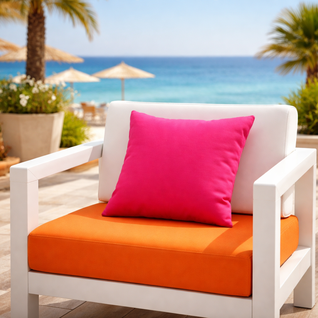 Sunbrella Gartenkissen in pink wetterfest von CHILLISY hergestellt in Deutschland, dargestellt auf weißem Gartenstuhl im Beach Club.