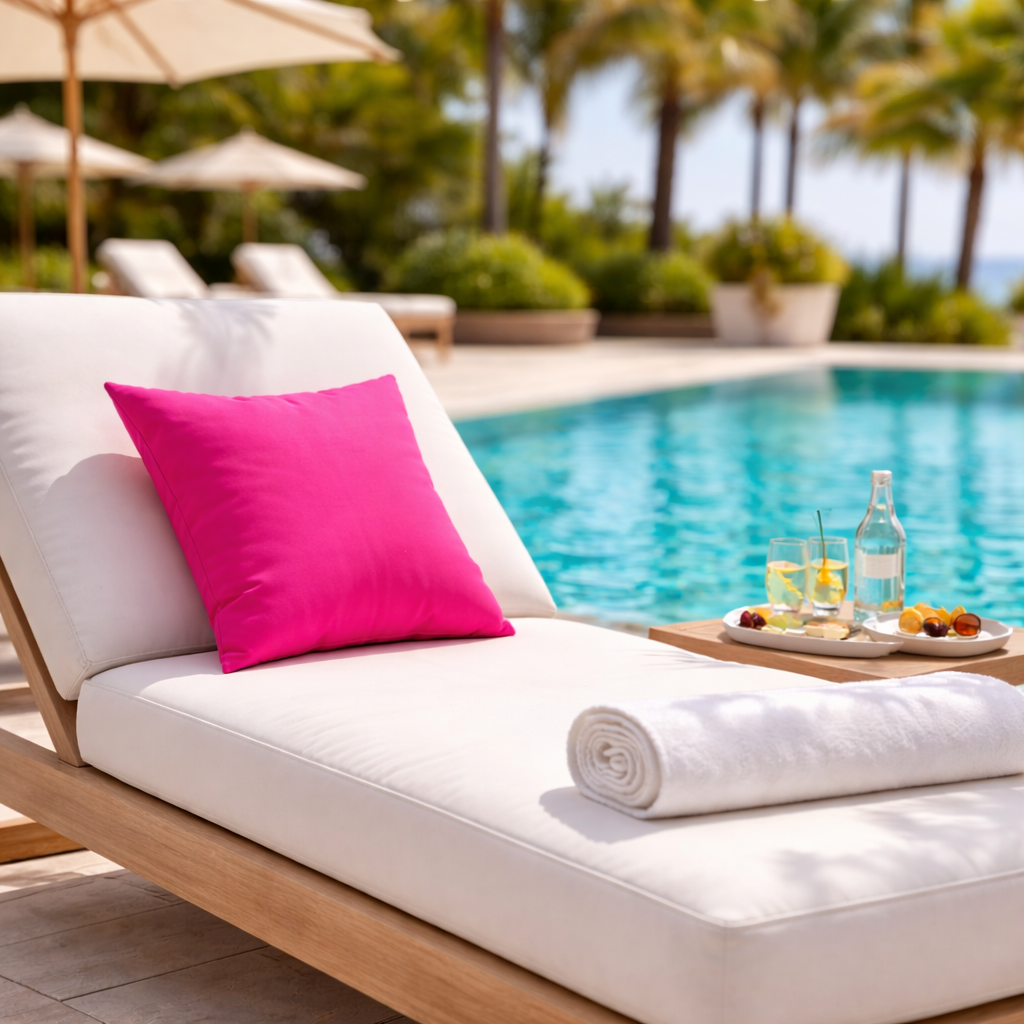 Sunbrella Outdoor Kissen in pink auf Sonnenliege am Pool, hergestellt in Deutschland von chillisy.