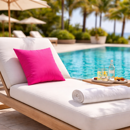 Sunbrella Outdoor Kissen in pink auf Sonnenliege am Pool, hergestellt in Deutschland von chillisy.
