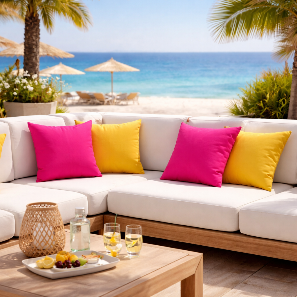 Pinkes Sunbrella Kissen mit gelben Outdoor Kissen von CHILLISY hergestellt in Deutschland.