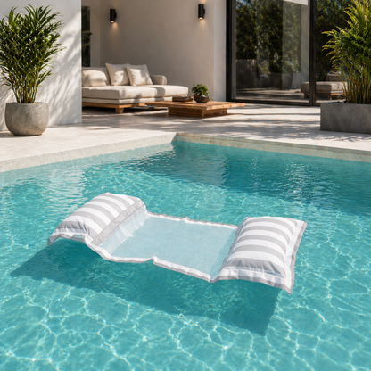 chillisy Wasserhängematte mit Netz in hellgrau weiss Blockstreifen Design im Pool schwimmend von chillisy hergestellt in Deutschland.