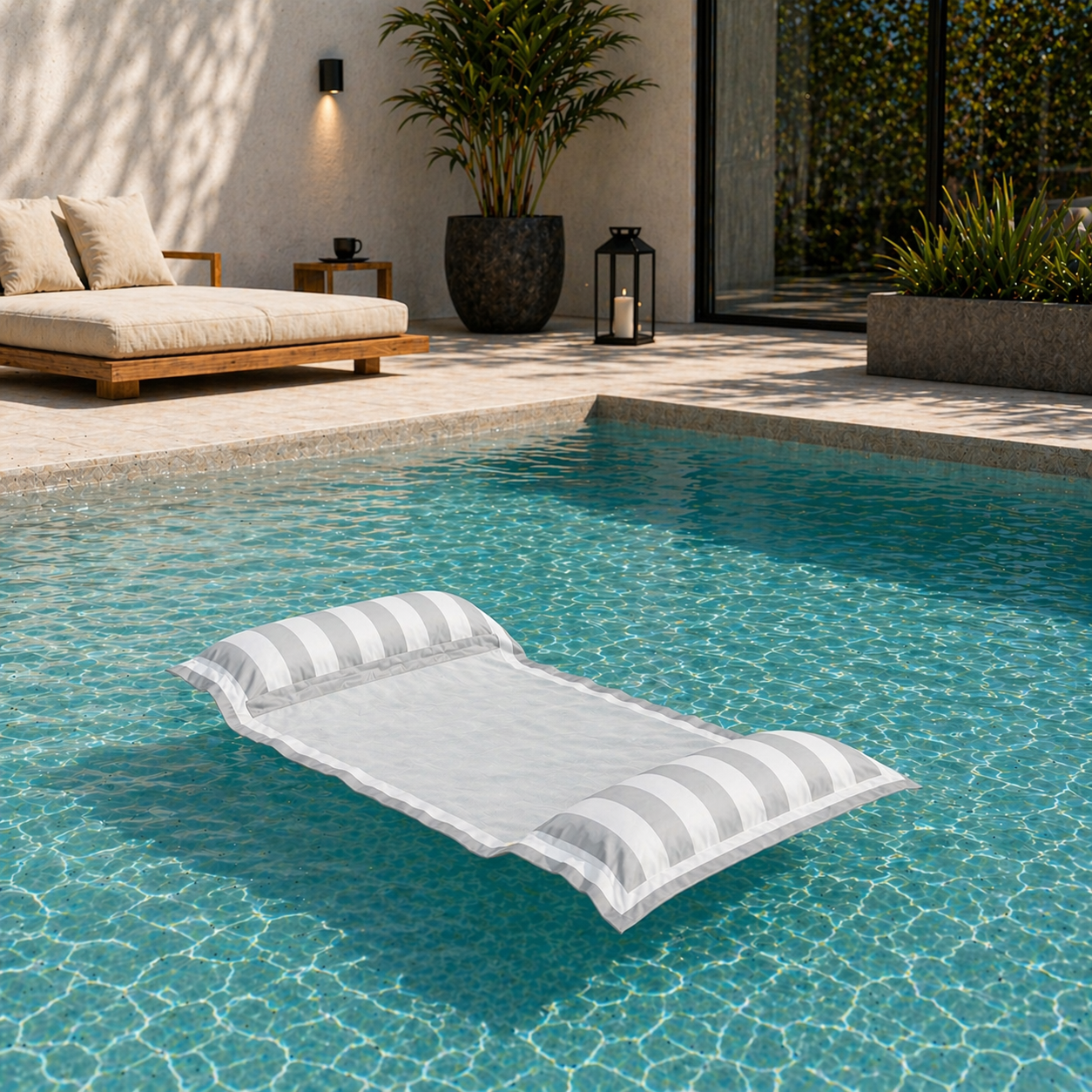 chillisy Wasserhängematte mit Netz in hellgrau weiss Blockstreifen Design im Pool schwimmend von chillisy hergestellt in Deutschland.