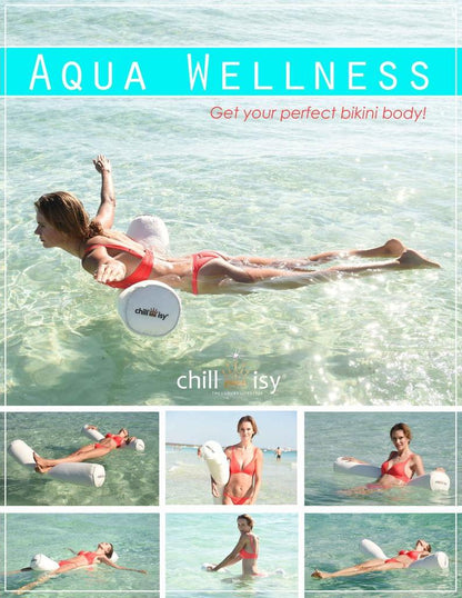 Collage der chillisy® XXL-Schwimmnudel Super Maccheroni mit verschiedenen Anwendungsmöglichkeiten im kristallklaren Wasser. Die schwimmende Poolrolle eignet sich zum Liegen, Entspannen, Aqua-Wellness und sanften Aquafitness-Übungen.
