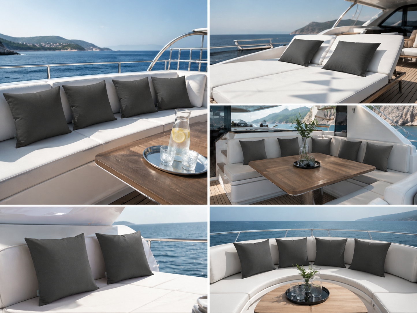 Wetterfeste Yachtkissen für Loungebereiche auf hoher See in anthrazit dunkelgrau, von chillisy hergestellt in Deutschland.