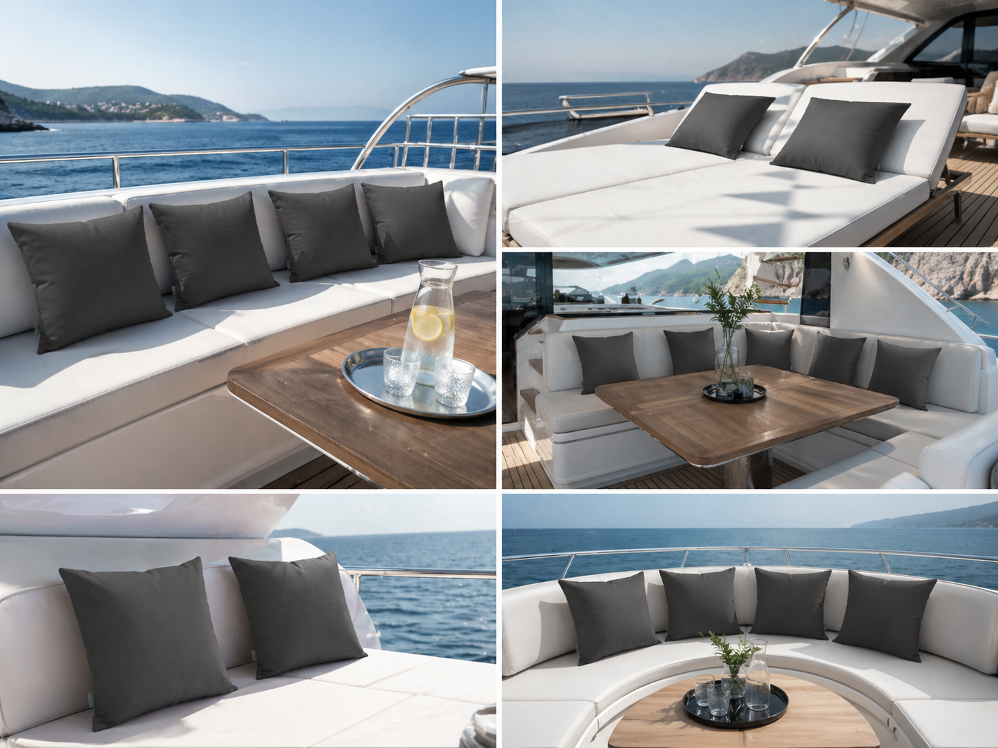 Wetterfeste Yachtkissen für Loungebereiche auf hoher See in anthrazit dunkelgrau, von chillisy hergestellt in Deutschland.