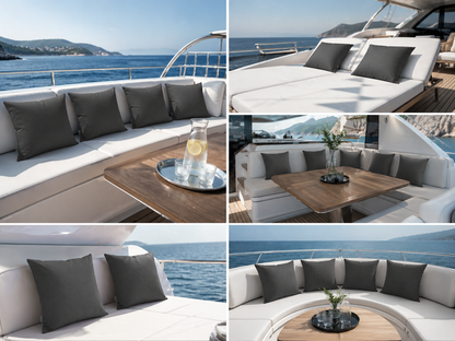 Wetterfeste Yachtkissen für Loungebereiche auf hoher See in anthrazit dunkelgrau, von chillisy hergestellt in Deutschland.
