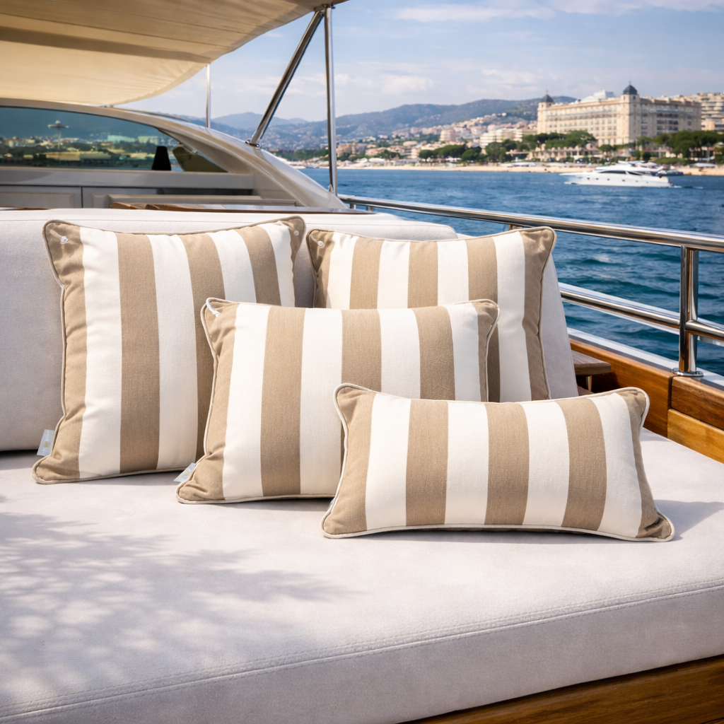 Mehrere Yachtkissen: Beige weiß gestreifte Bootskissen auf Motoryacht - von chillisy. Die Kissen sind mit einer rostfreien Öse aus Edelstahl ausgestattet, um diese mittels Tau am Boot zu befestigen